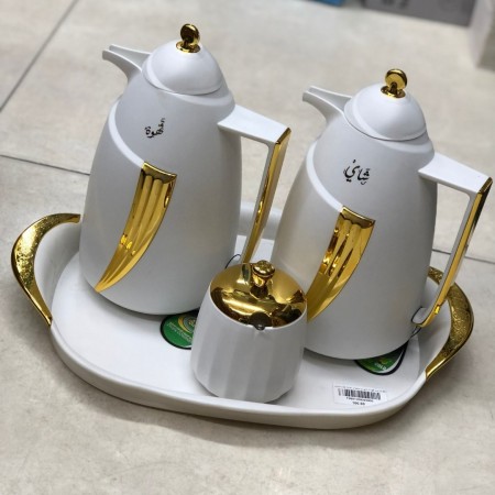 طقم ثيرموس قهوة + شاي مع صينية و سكرية عضم سادة يد ووشاح مذهب ابيض - بيج - اسود